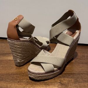 Tory Burch Neutral Beige Espadrille Wedge Sandals with Ankle Wrap